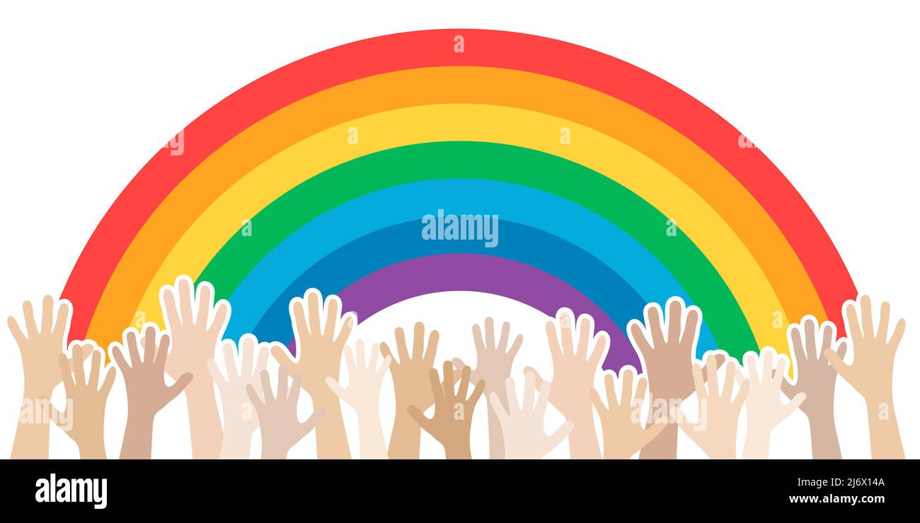 eps vector illustration showing rainbow colored background with many hands rising up Stock Vector