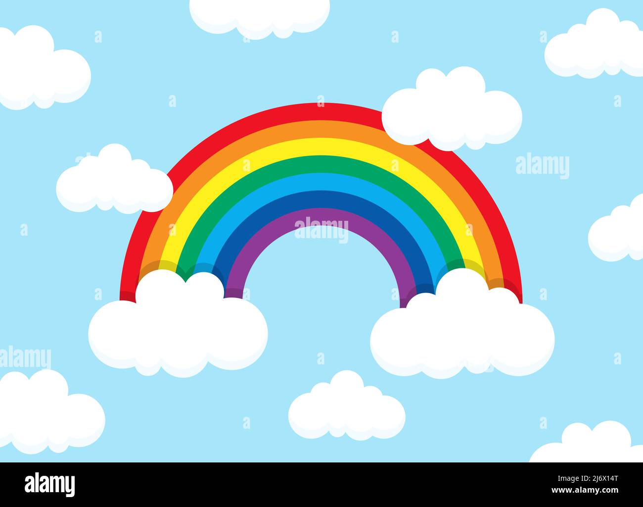 eps vector illustration showing wonderful colored rainbow with white clouds at the ends and blue background Stock Vector