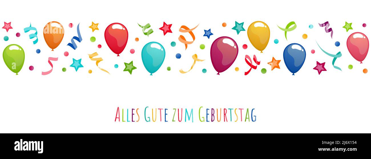 eps vector illustration file banner with birthday greetings (german text) with balloons, streamers, confetti and stars for birthday and party time con Stock Vector