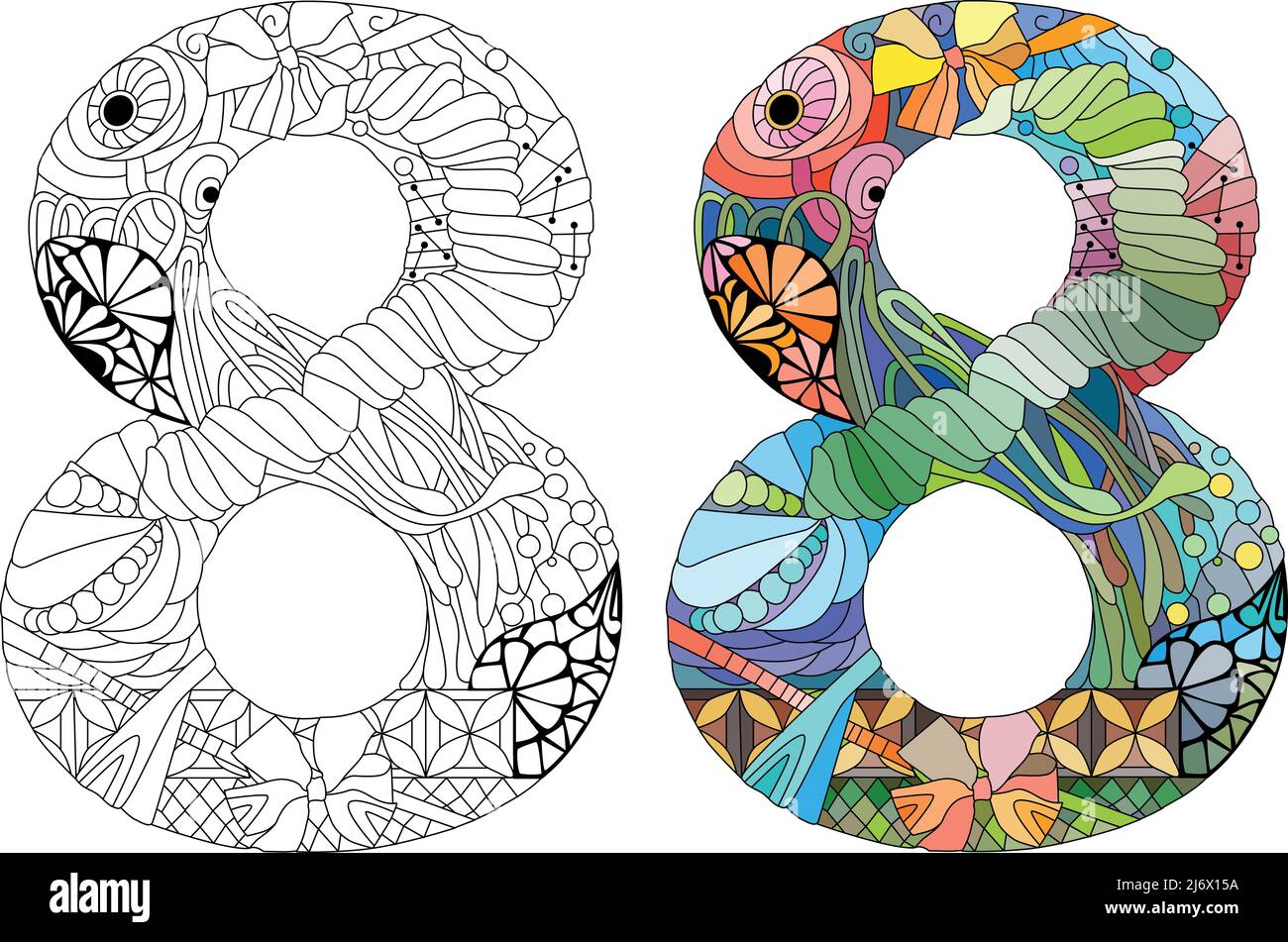 Eight number Isolated zentangle illustration for coloring. Color and ...