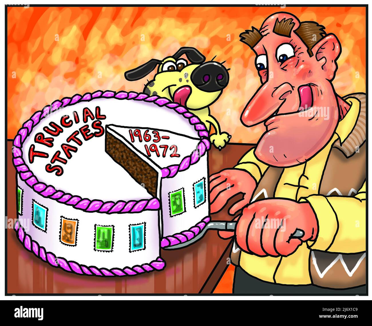 Funny cartoon art of man slicing a cake with the words Trucial States 1963-1972 illustrating the appeal of Trucial States stamp collecting philately Stock Photo