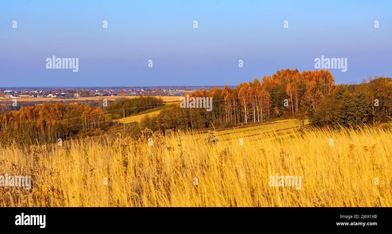 Autumn panoramic view of hills with fields and meadows with mixed forest surrounding Zagorzyce village south Sedziszow Malopolski town in Podkarpacie Stock Photo
