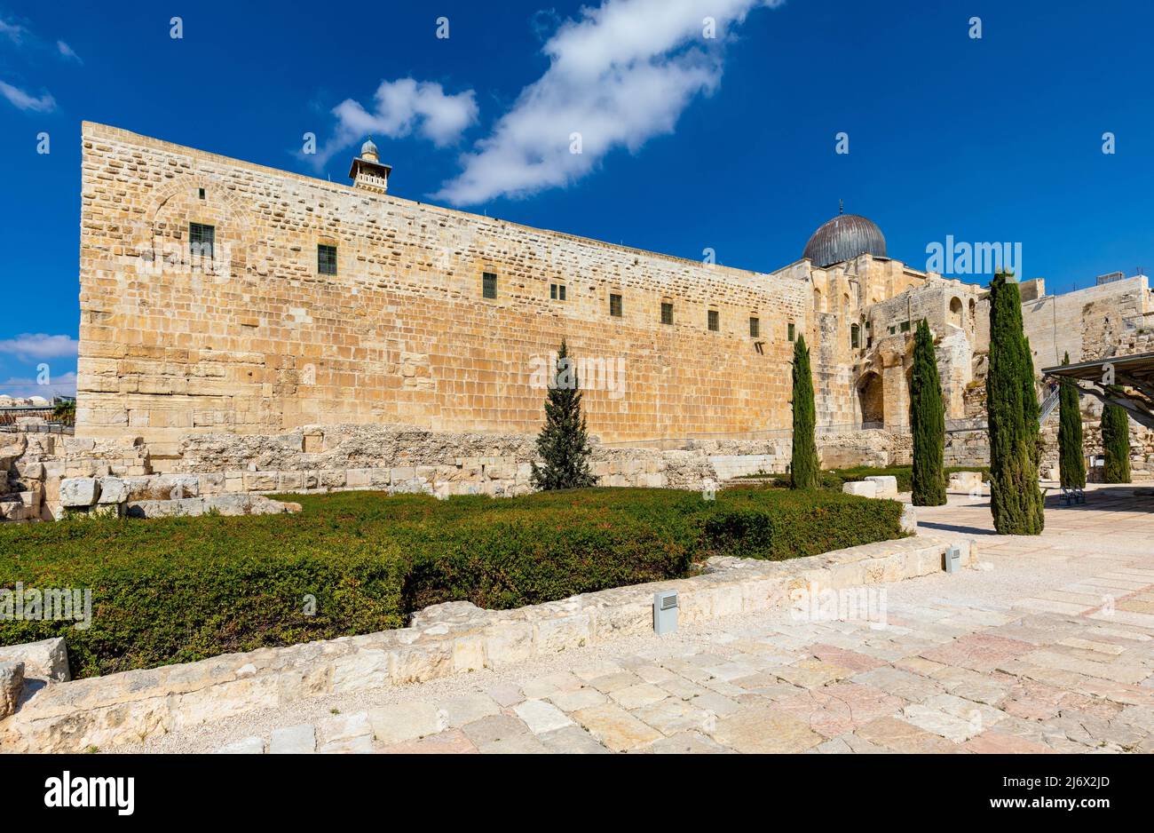 Jerusalem, Israel - October 13, 2017: Umayyad Palace Garden archeological park at south wall of Temple Mount and Al-Aqsa Mosque in Jerusalem Old City Stock Photo