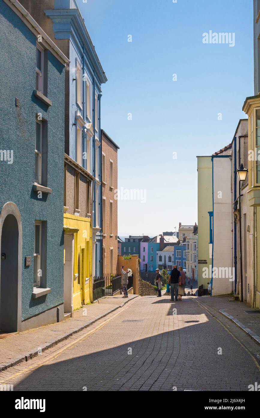 Tenby harbour street, view of colourful period property in Crackwell Street in the historic harbour area of Tenby, Pembrokeshire, Wales, UK Stock Photo