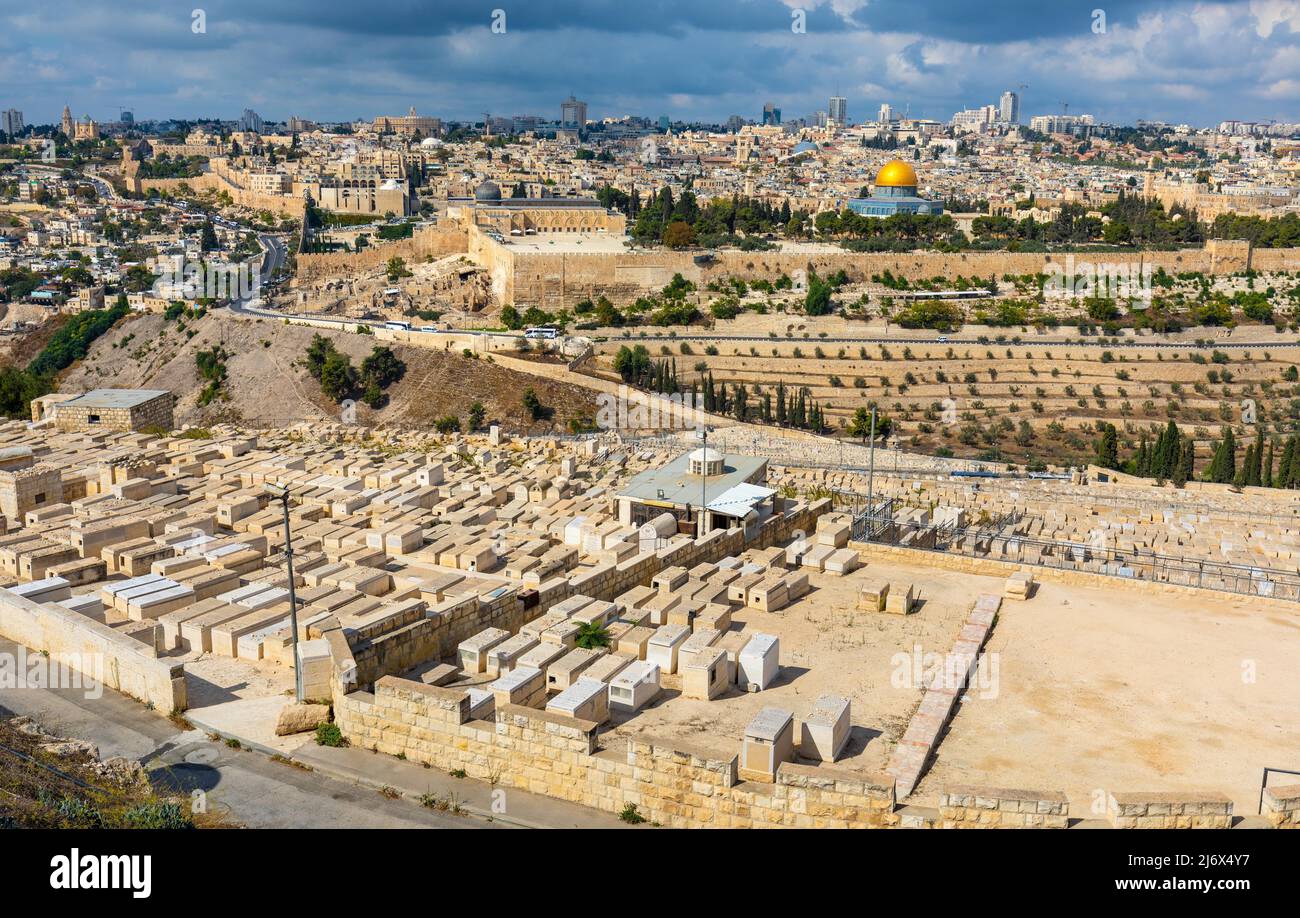 Jerusalem, Israel - October 13, 2017: Metropolitan Jerusalem panorama with Temple Mount and Old City with historic Jewish cemetery on slope of Mount o Stock Photo
