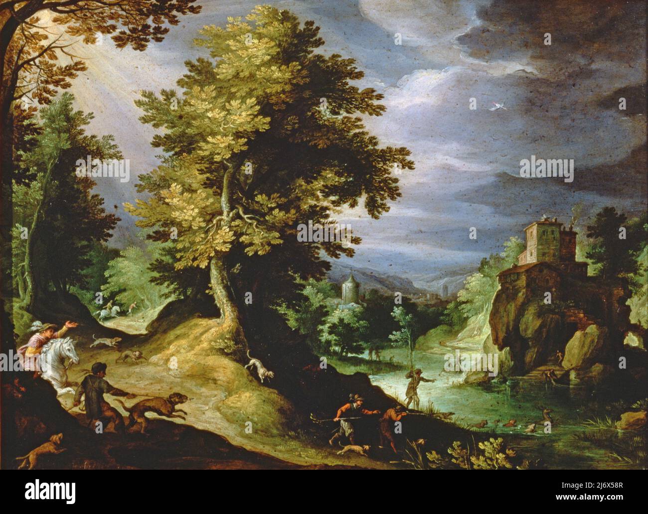 Landscape with a Deer Hunt, 1591 by Brill or Bril, Paul (1554-1626); Palazzo Pitti, Florence, Italy; Flemish,  out of copyright. Stock Photo