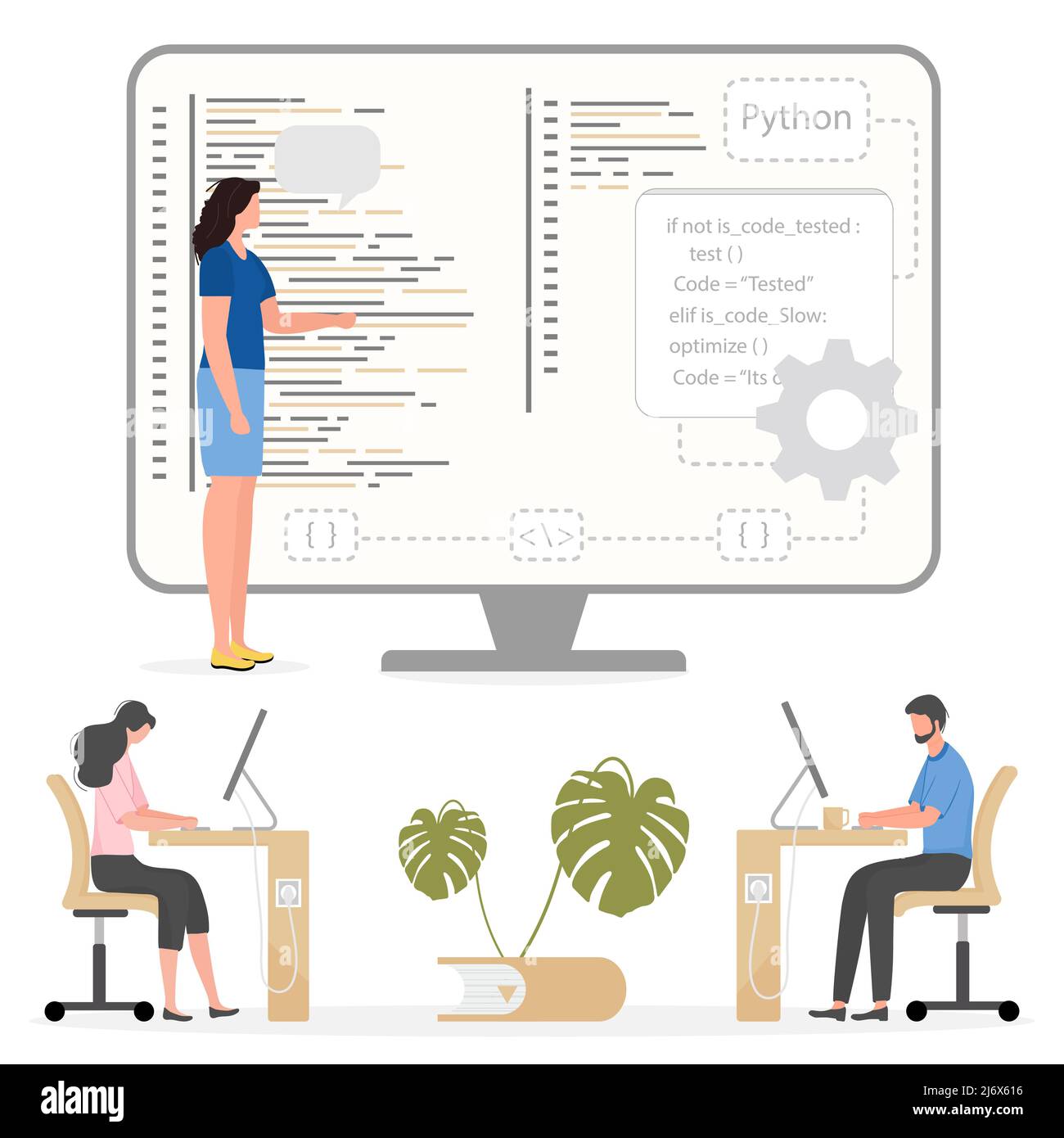 Vector illustration Programming languages learning. Software coding courses, website development class, script writing. IT programmers. Training Dista Stock Vector