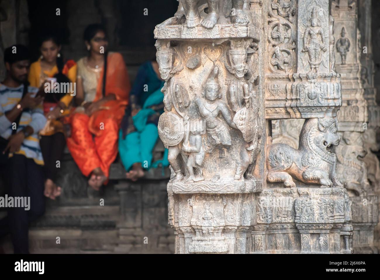 Vellore, Tamil Nadu, India - September 2018: Beautiful carvings on a stone pillar at the ancient Hindu temple of Jalakandeswarar at the Vellore fort. Stock Photo