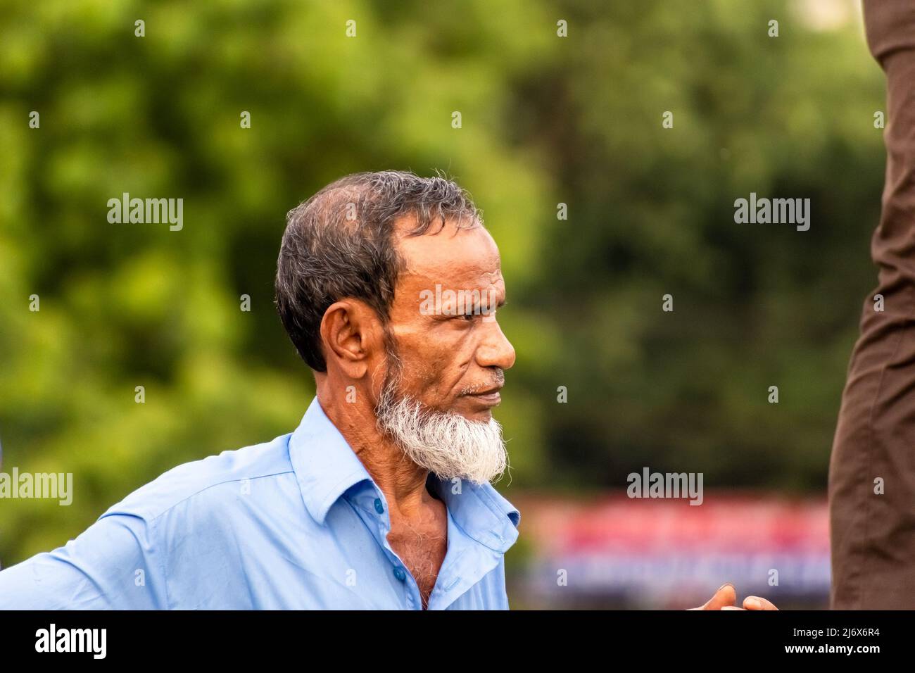 Vellore, Tamil Nadu, India - September 2018: A candid portrait of an elderly Indian Muslim man with a grey beard. Stock Photo