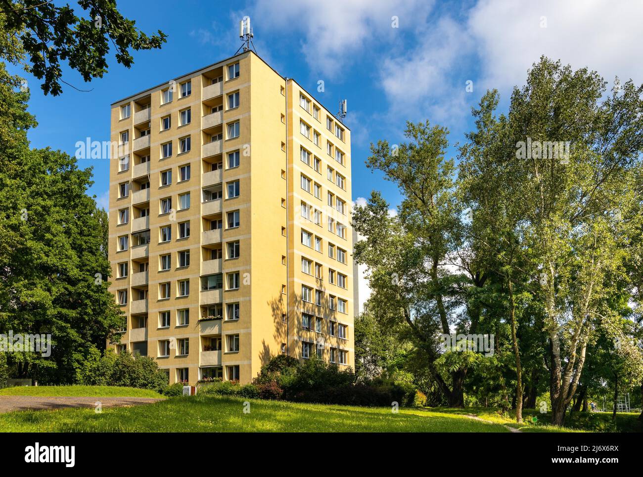 Warsaw, Poland - July 11, 2021: Large scale project residential tower at 1 Dworkowa street above Morskie Oko pond park in Mokotow district of Warsaw Stock Photo