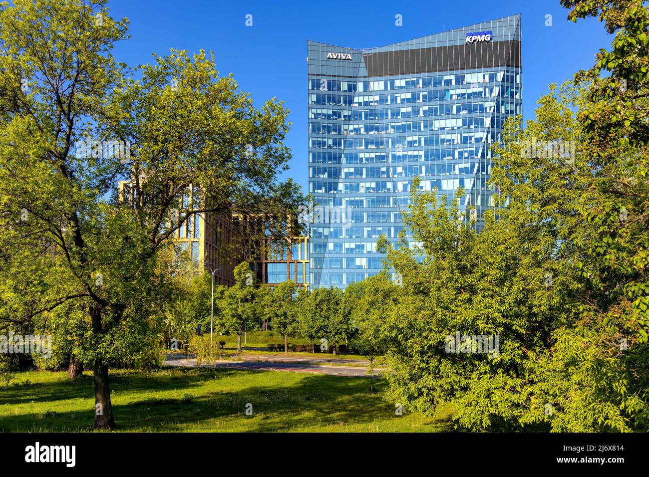 Warsaw, Poland - May 10, 2020: Panoramic view of Gdanski Business Center commercial quarter in northern Srodmiescie district of Warsaw Stock Photo