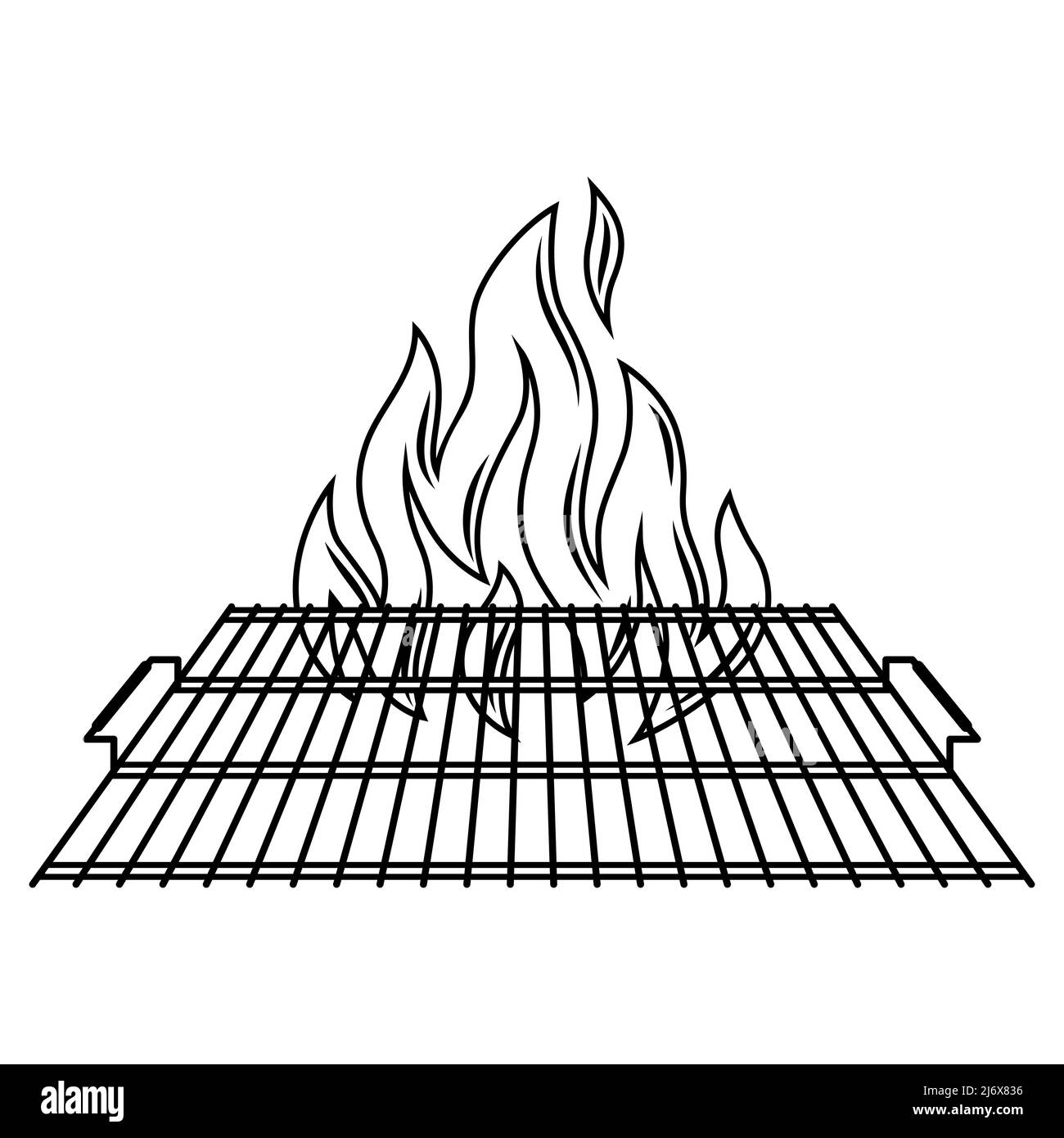 Illustration of steel grill grate with fire. Stylized bbq kitchen and restaurant utensil. Stock Vector