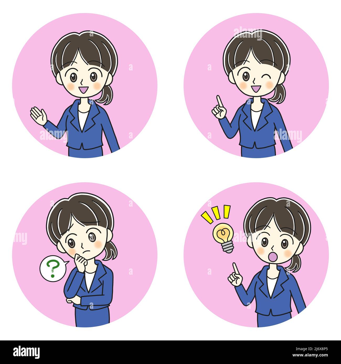 Four poses of a young woman in a blue suit on pink circles Stock Photo