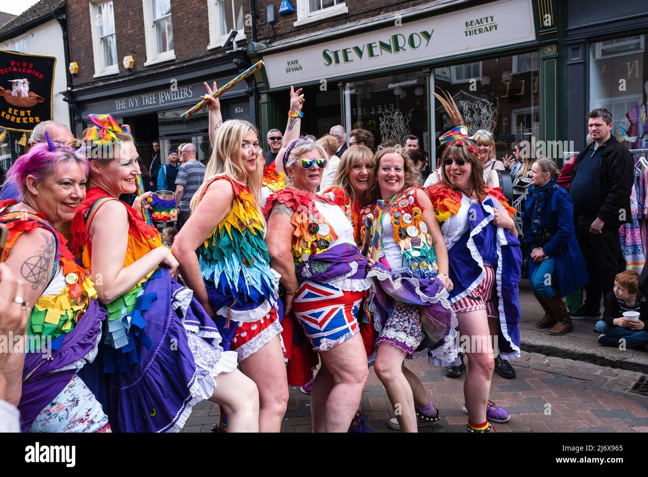 Rochester, Kent, UK  - May 2022 :  Loose Women Morris Dancers at Rochester Sweeps Festival and Parade on May Day Stock Photo
