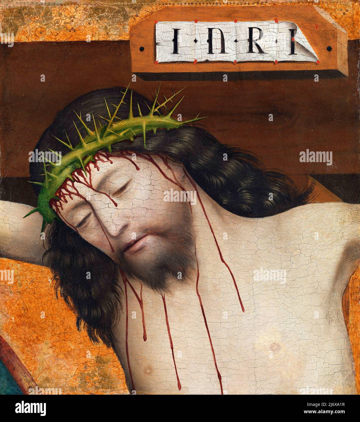 Head of Christ Crucified: Fragment of the Crucifixion Scene by the Master of Liesborn, oil on oak, c. 1470-80. Stock Photo