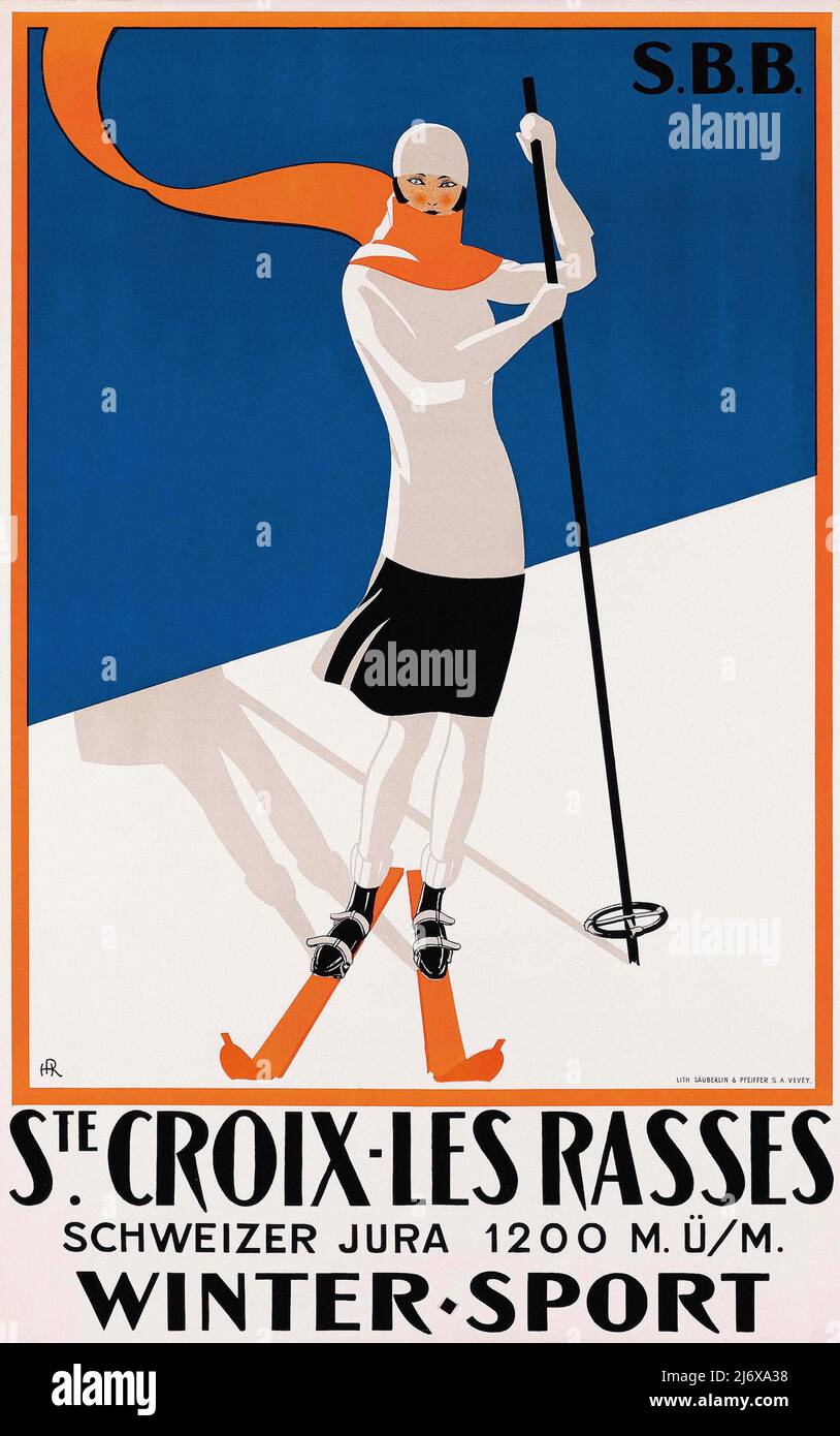 Vintage 1920s Swiss Winter Sports 1922 railway poster for the Alpine  delights of the resorts of St Croix and Les Rasses in Switzerland Stock  Photo - Alamy