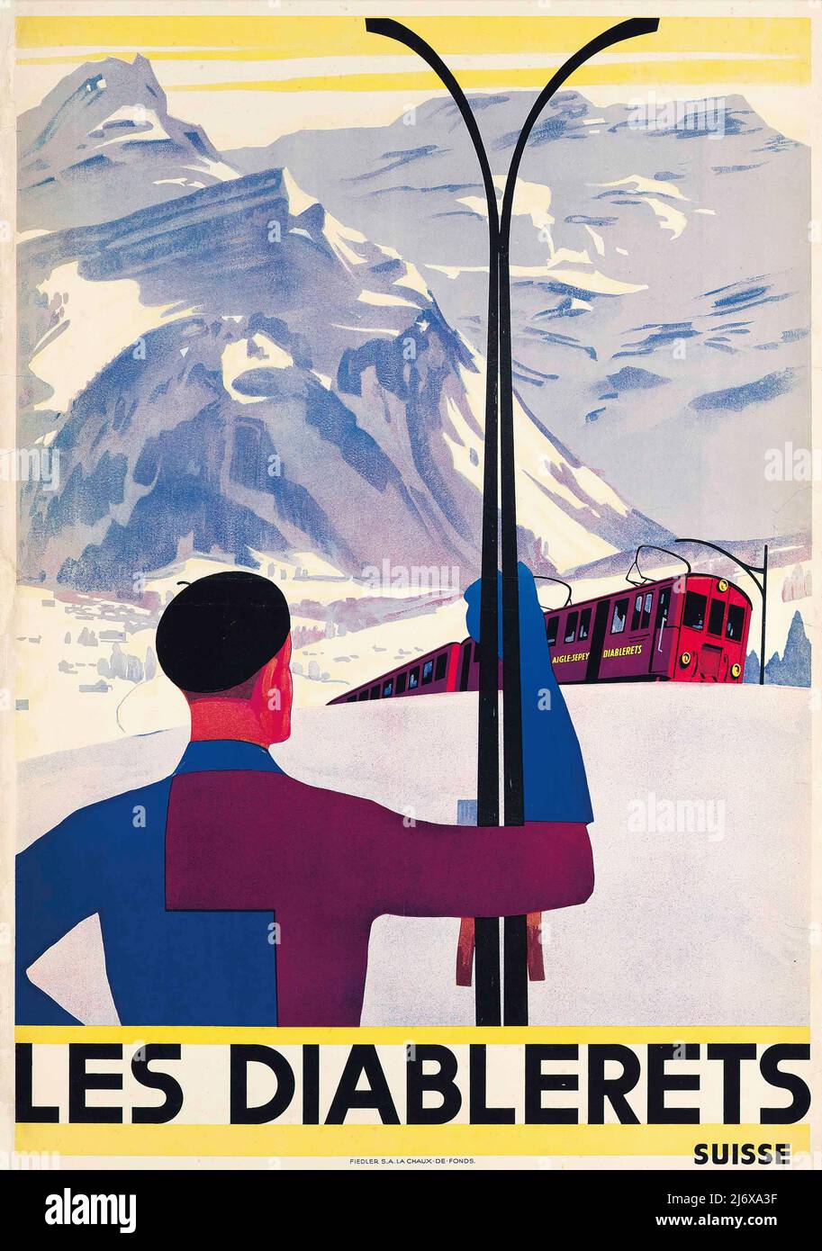 Vintage 1930s Travel Poster - Winter Sport - Les Diablerets.  C 1930. Suisse, Schweiz, Switzerland Stock Photo