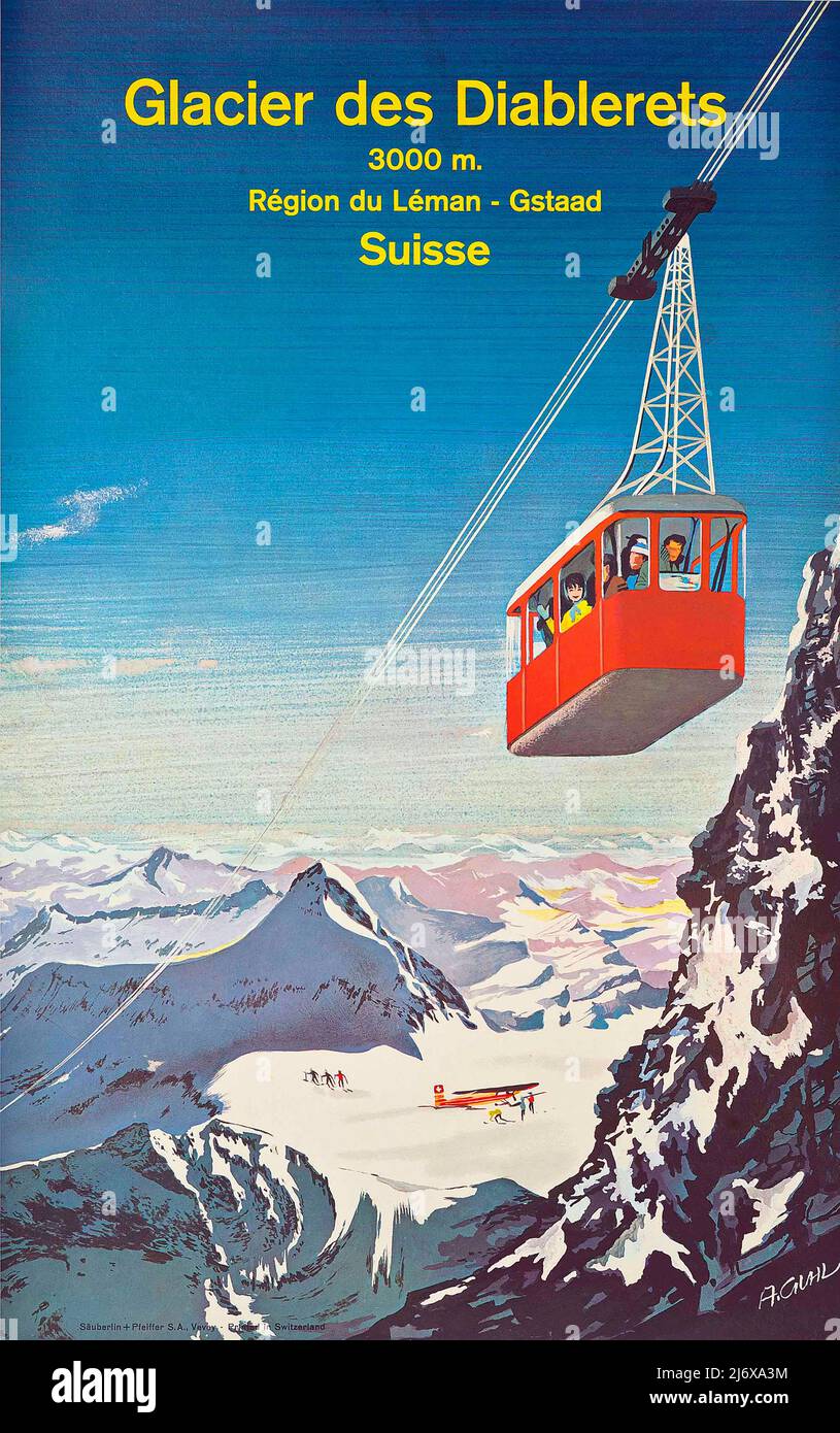 Vintage 1950s Travel Poster - GLACIER DES DIABLERETS, Switzerland Stock Photo