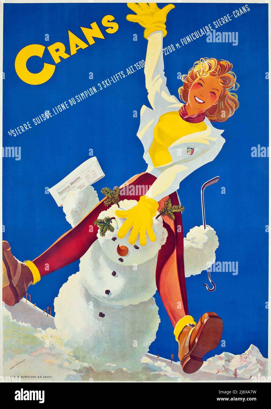 Vintage 1940s Winter Sport poster – retro style, skiing: Crans 1946. Sierre, Suisse,Ligne du Simplon Stock Photo