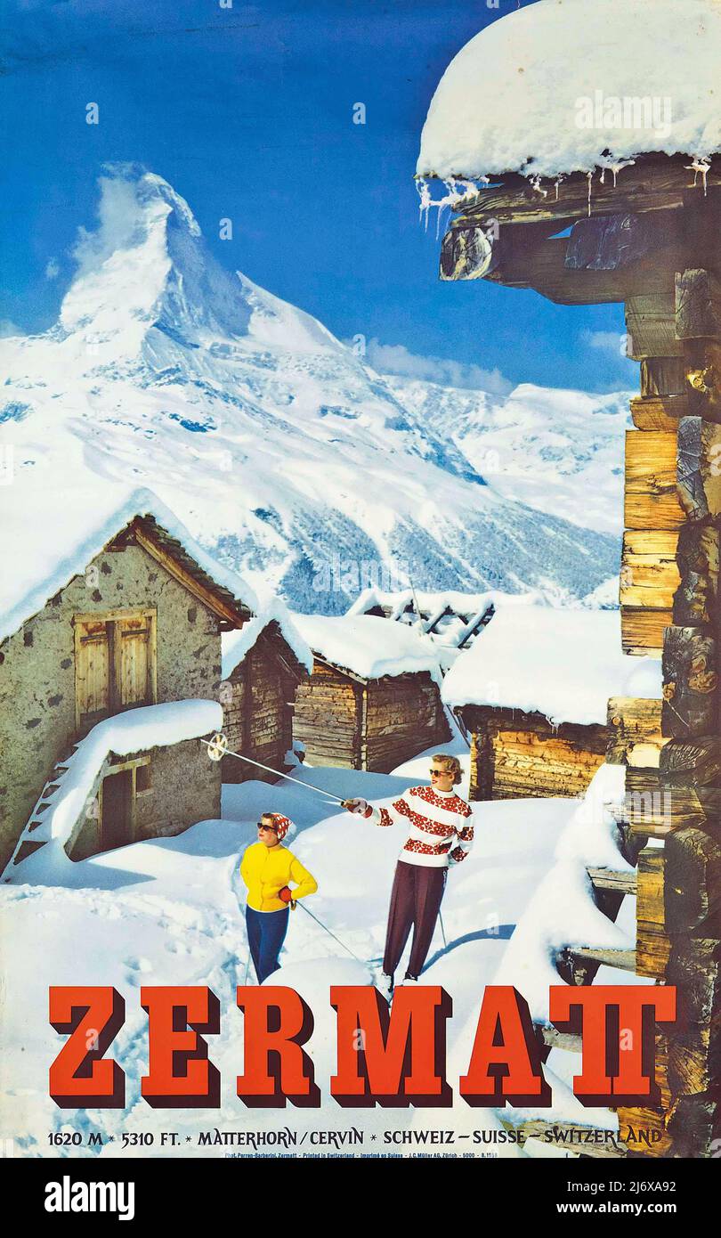 Vintage 1950s Travel Poster -  Switzerland -  Two female skiers beside ski chalets. Stock Photo