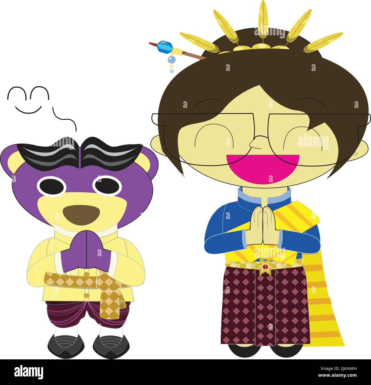 Mr.Purple bear and friend wear Thai costume is greeting by paying obeisance Thai style Stock Vector