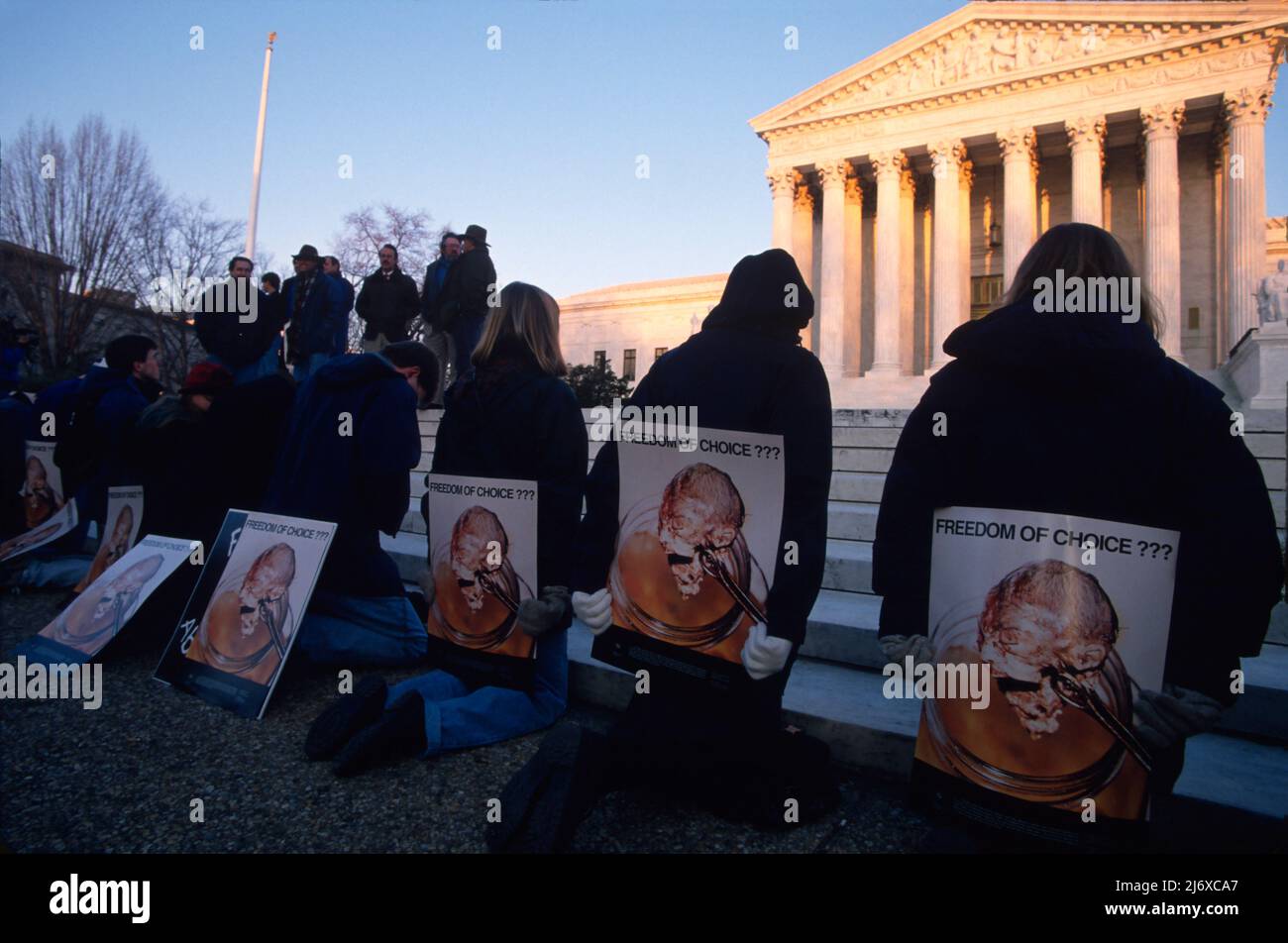 Pro Life activists march from the Ellipse to the Supreme Court January 23, 1995 in Washington, DC. The pro lifers were met with opposition groups in favor of abortion. Stock Photo