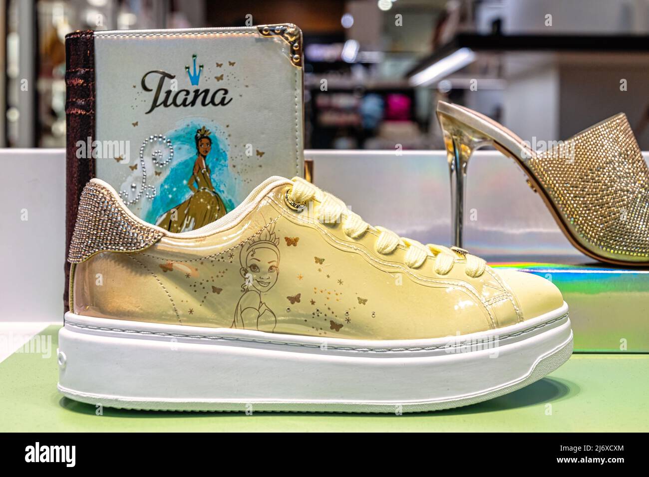 An Aldo shoe with a Walt Disney theme. Both companies have partnered to bring consumers a group of movie-themed shoes. Stock Photo