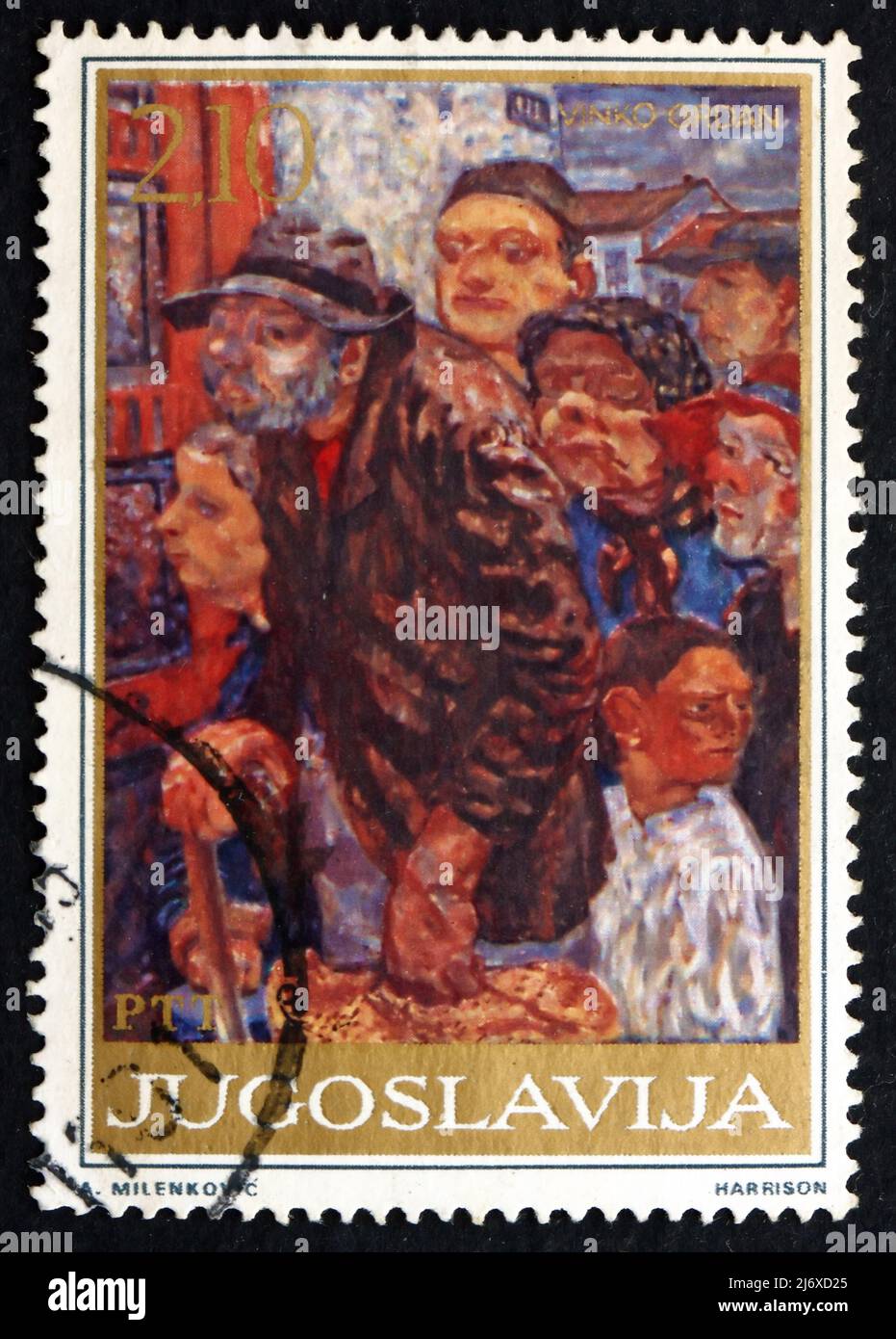 YUGOSLAVIA - CIRCA 1975: a stamp printed in the Yugoslavia shows People at the Door, Vinko Grdan, Social Painting, circa 1975 Stock Photo