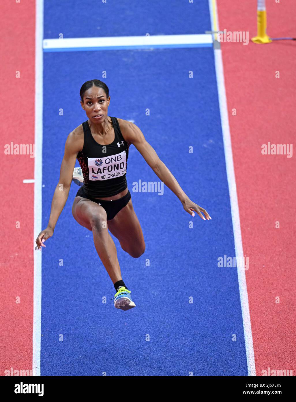 Thea Lafond jumping at the Belgrade 2022 Indoor World Championship in