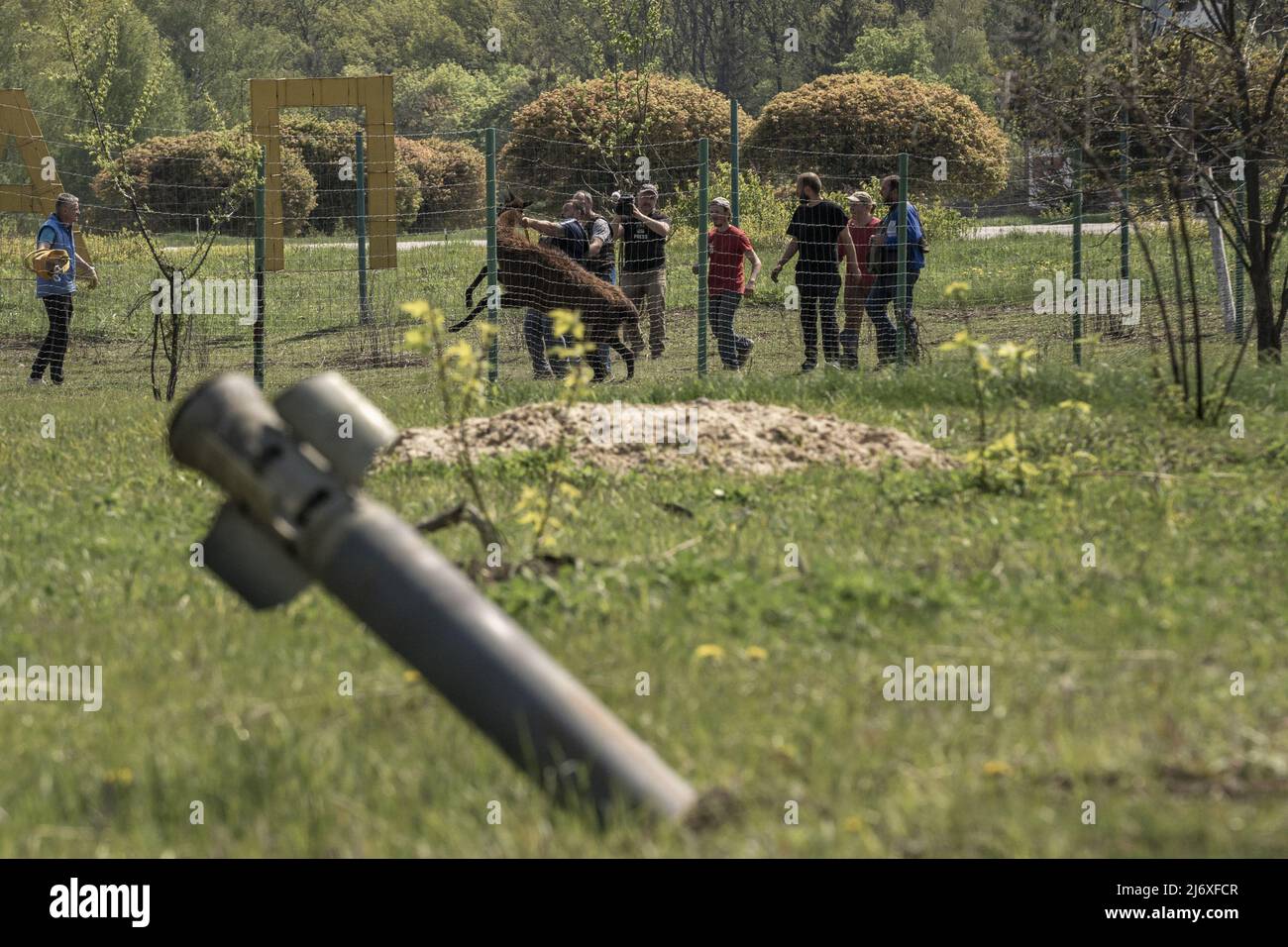 An unexploded ordnance sticks out of the ground as Eco-Park employees chase after a llama to be rescued and brought to the town Poltava for safety after Russians shelled the area, killing dozens of animals outside of Kharkiv, Ukraine on Monday, May 2, 2022. Russia fired incendiary rockets into Ukraine's second-largest city on Wednesday -- which ignited a large fire in a civilian neighborhood of Kharkiv -- after ramping up missile attacks across the battle-scarred country.     Photo by Ken Cedeno/UPI Stock Photo
