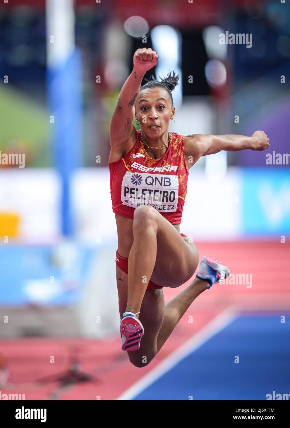 Ana Peleteiro jumping at the Belgrade 2022 Indoor World Championship in