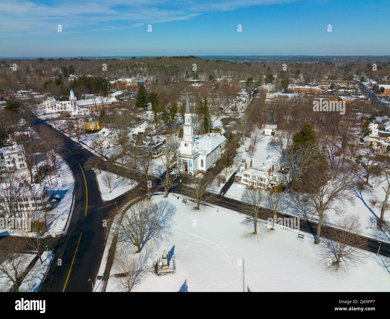 Lexington town center aerial view in winter on Lexington Common and