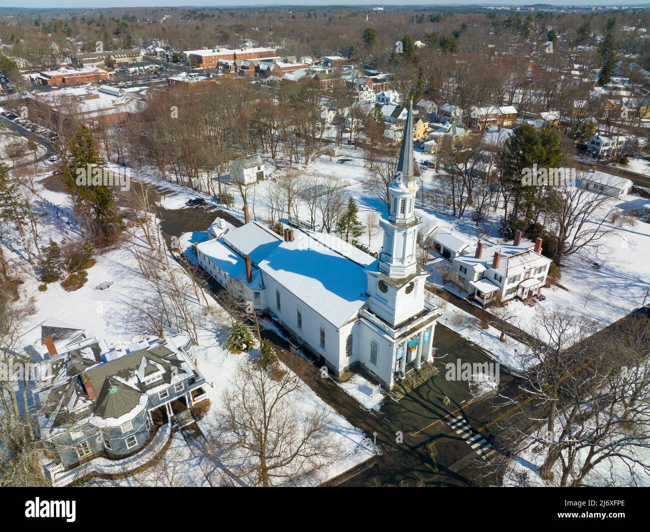 Lexington town center aerial view in winter on Lexington Common and ...