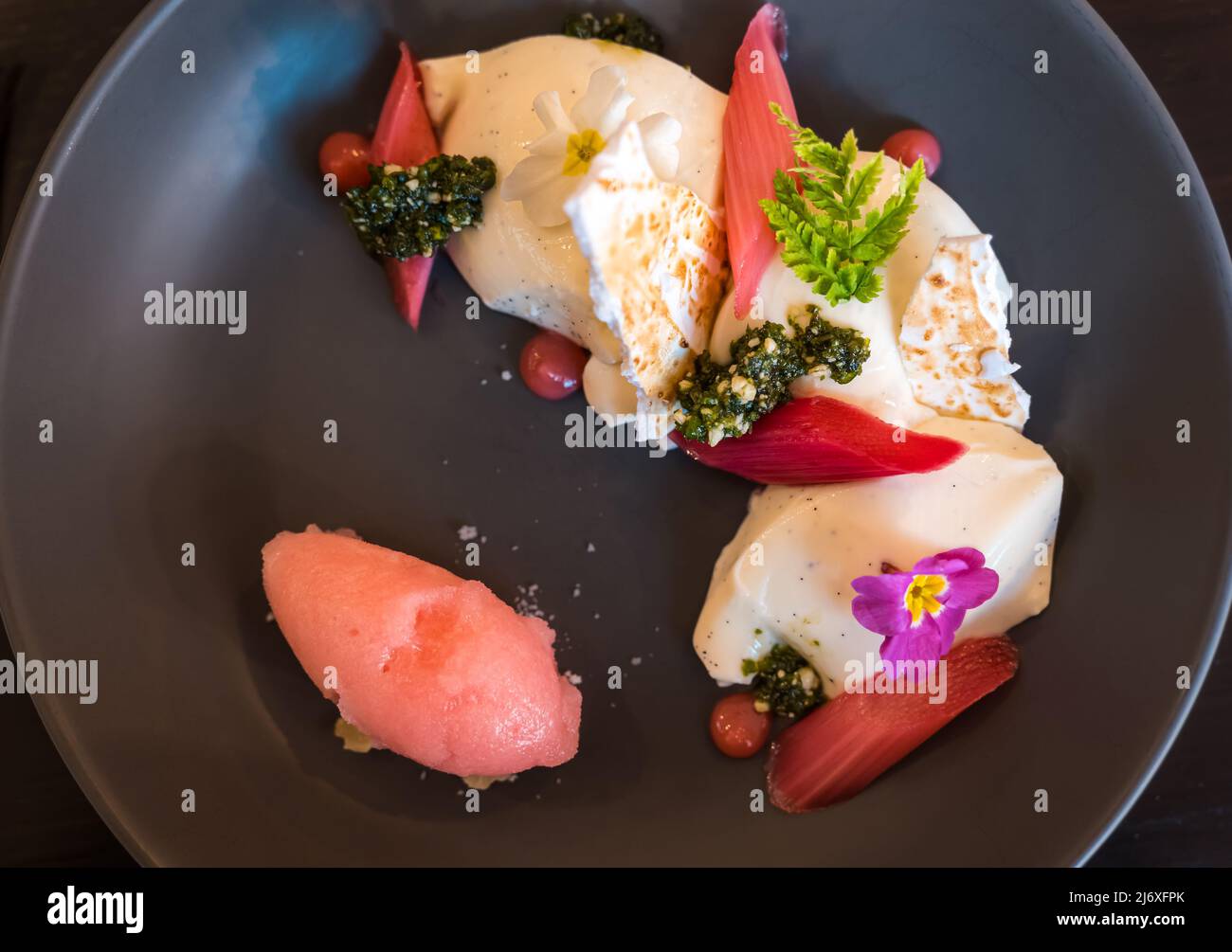 Fine dining dessert or pudding of rhubarb, sorbet, sweet cicely pesto and wild primroses Stock Photo