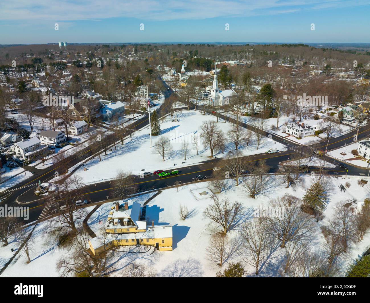 Lexington town center aerial view in winter on Lexington Common and