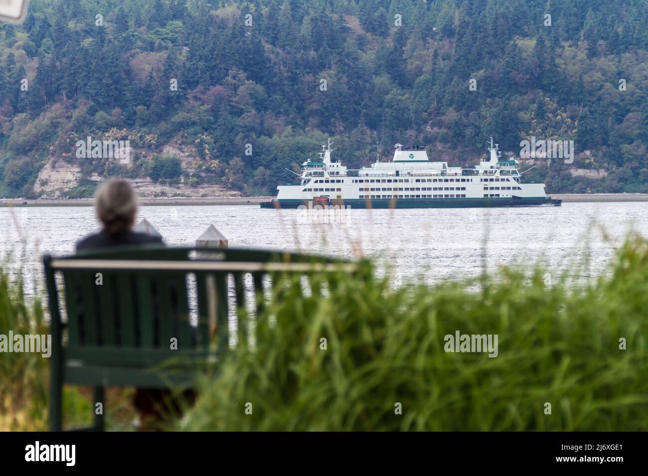 Woman sitting on bench and passenger ferry in background - USA - Washington Stock Photo