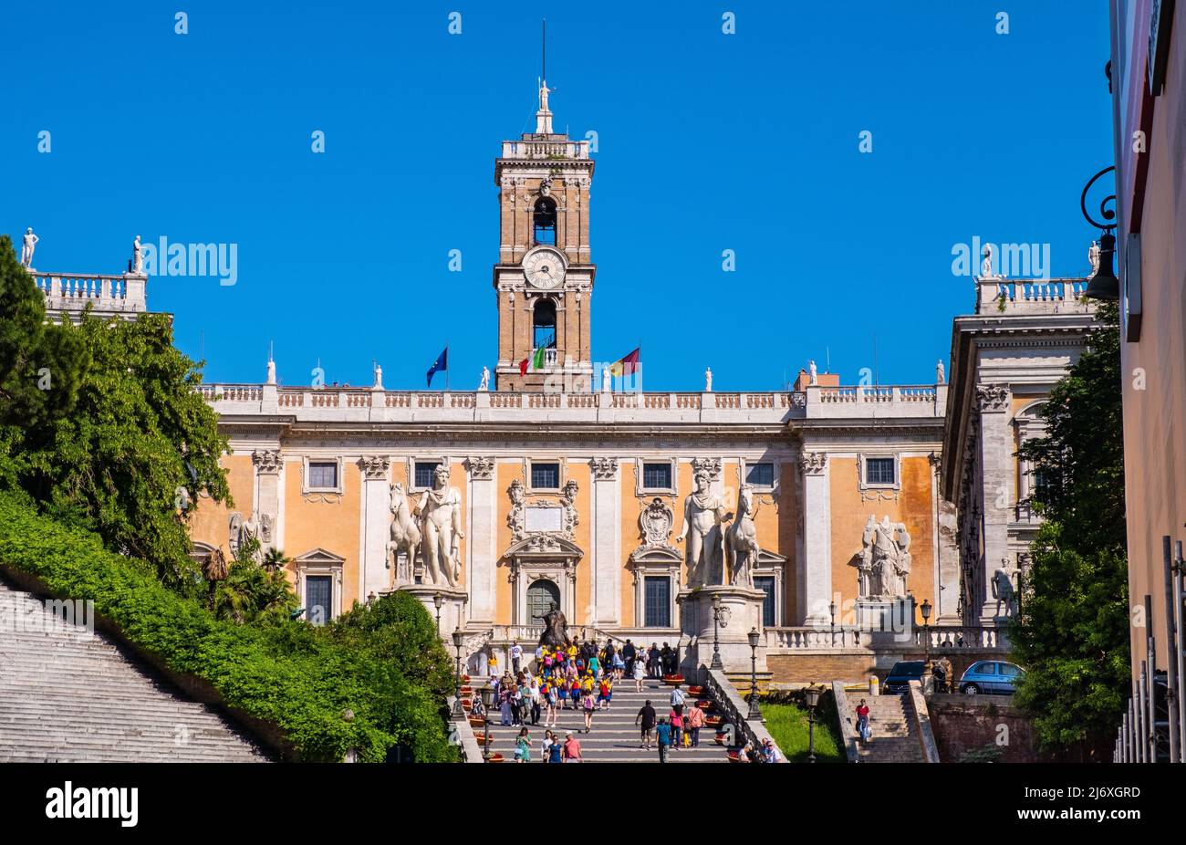 Rome, Italy - May 25, 2018: Palazzo Senatorio Senate Palace by Michelangelo Buonarotti at Piazza Campidoglio square at Capitoline hill in historic cit Stock Photo