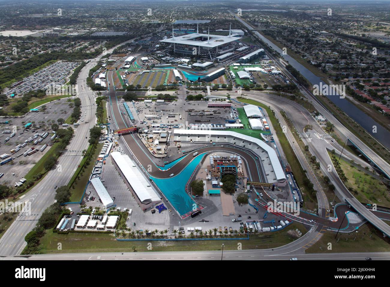 An aerial view of F1 race course for the Miami Grand Prix at Hard Rock  Stadium, Monday, May 2, 2022, in Miami Gardens, Fla. An aerial view of F1  race Stock Photo - Alamy