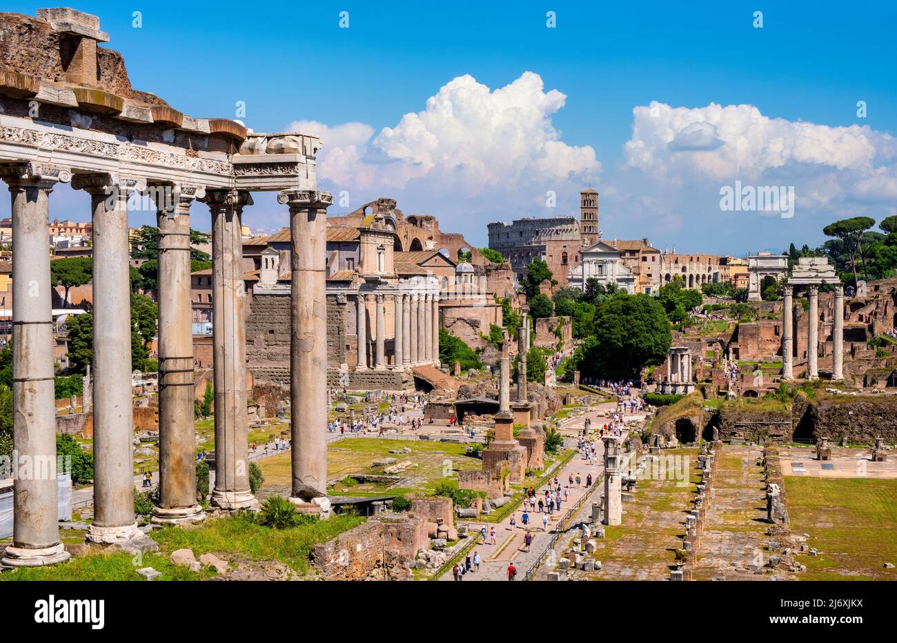 Rome, Italy - May 25, 2018: Panorama of Roman Forum Romanum with Temple of Saturn Aedes Saturni and ancient Via Sacra at in historic center of Rome Stock Photo