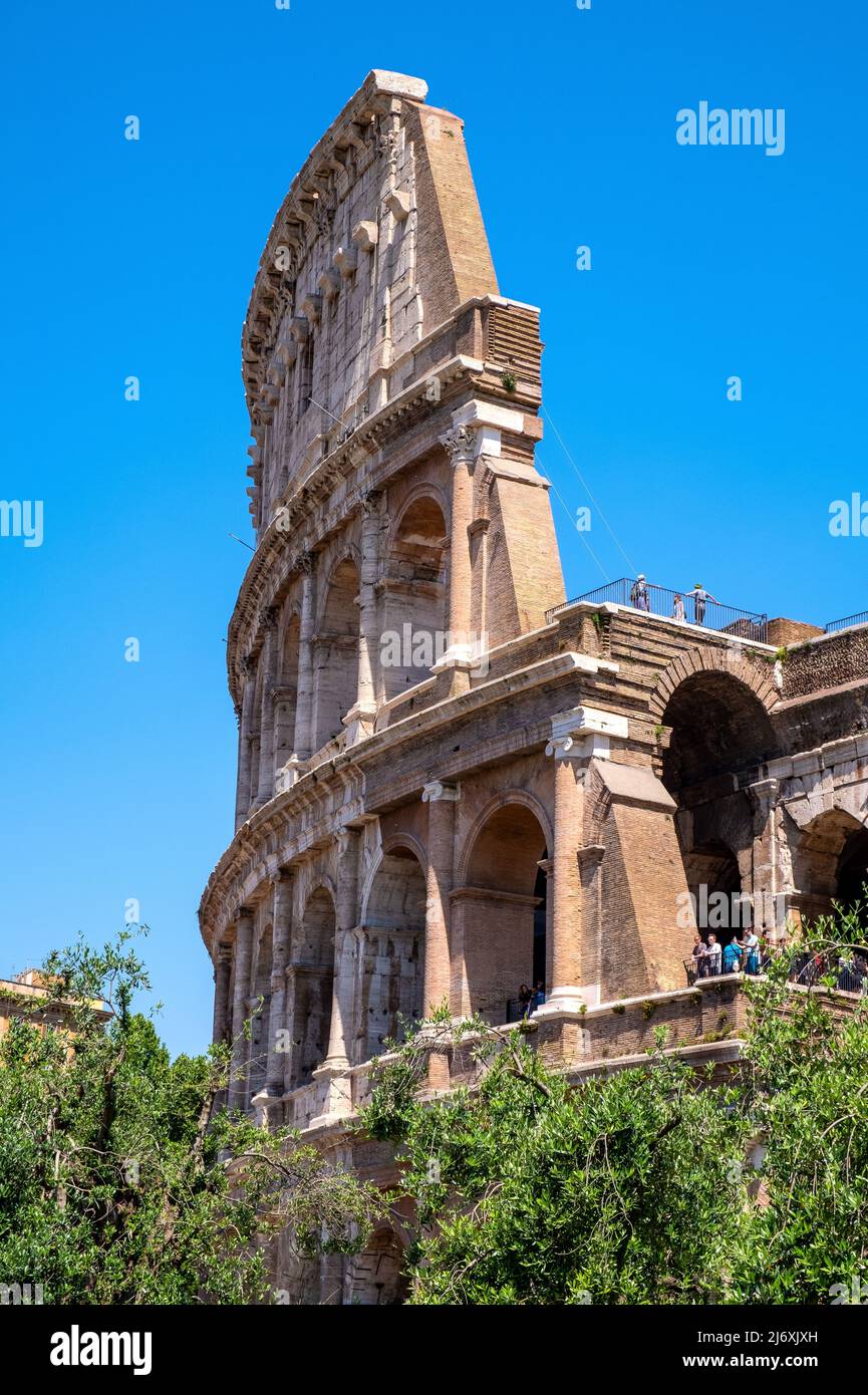 Rome, Italy - May 25, 2018: Colosseum ancient theater known as Flavian Amphitheatre aside Palatine Hill and Roman Forum Romanum in historic city cente Stock Photo
