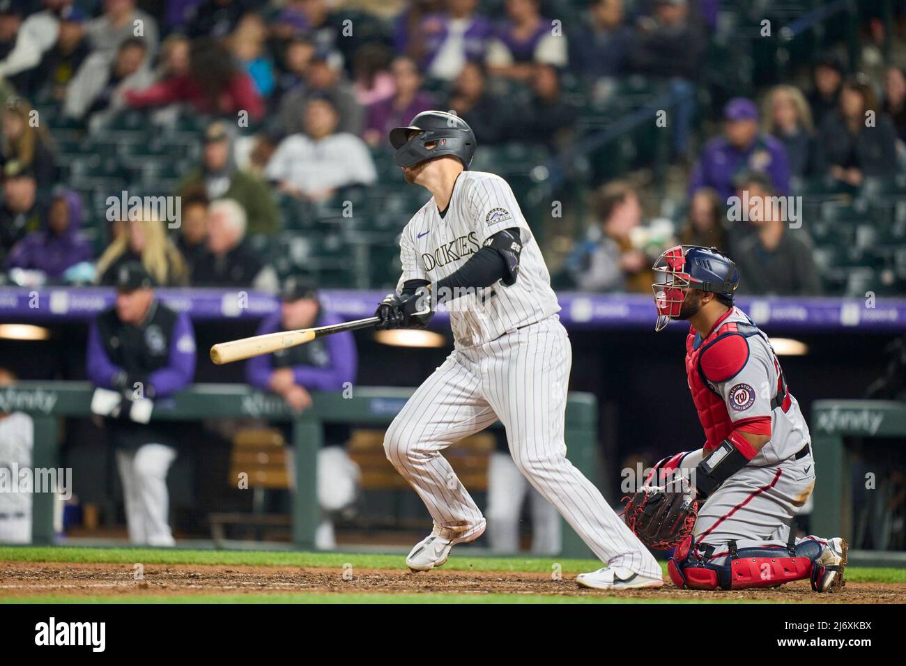 May 4 2022: Colorado first baseman C.J Cron (25) gets a hit during the game  with Washington Nationals and Colorado Rockies held at Coors Field in  Denver Co. David Seelig/Cal Sport Medi(Credit