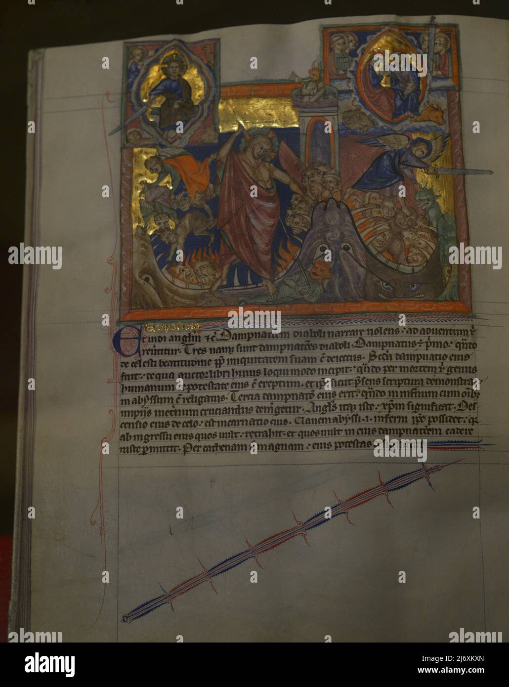 Apocalypse. With commentary of Berengaudus of Ferrière (840-892) and Haimo Autissiodorensis (Haimo of Auxerre) (dead ca. 865). London, Winchester or Salisbury (England), c. 1265-1275. Illuminators: collaborating artists from an English workshop. Manuscript on parchment. Fol. 68v. Miniature showing the three damnations of the Devil: the fall of the rebel angels, the harrowing of Hell and Satan is cast into the eternal torment of Hell. Calouste Gulbenkian Museum. Lisbon, Portugal. Stock Photo