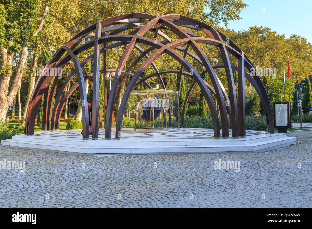 ISTANBUL, TURKEY - SEPTEMBER 13, 2017: This is an art installation with a copy of the globe of Baghdad Caliph in front of the Museum of Technology. Stock Photo