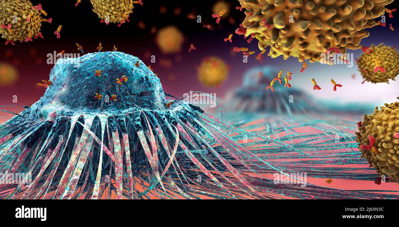 Lymphocytes cell in the immune system reacting and attacking a spreading cancer cell - 3d illustration Stock Photo