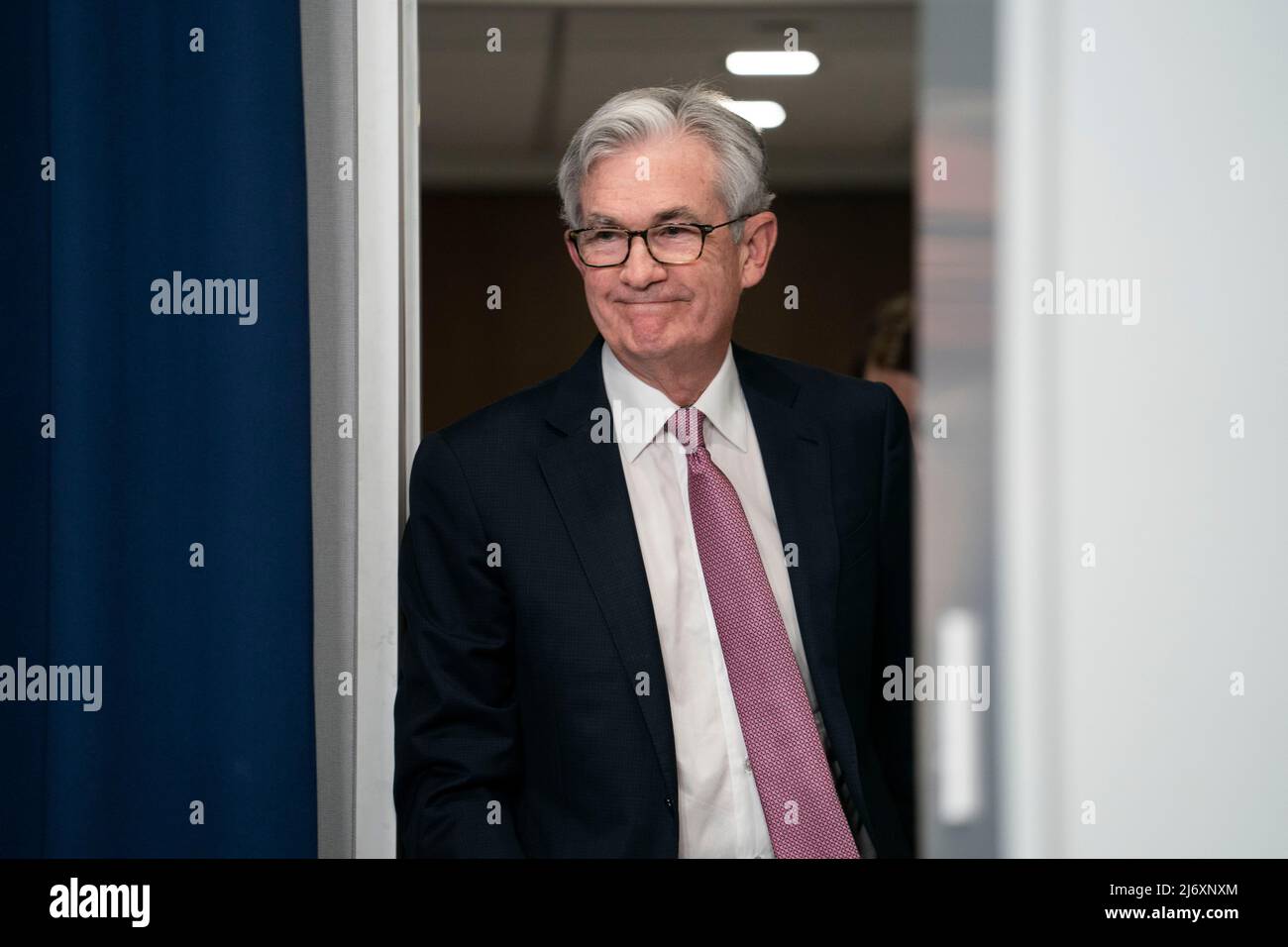 (220504) -- WASHINGTON, May 4, 2022 (Xinhua) -- U.S. Federal Reserve Chair Jerome Powell attends a press conference in Washington, D.C., the United States, on May 4, 2022. The U.S. Federal Reserve on Wednesday raised its benchmark interest rate by a half percentage point, marking the sharpest rate hike since 2000, as it takes more aggressive steps to rein in the highest inflation in four decades. (Xinhua/Liu Jie) Stock Photo