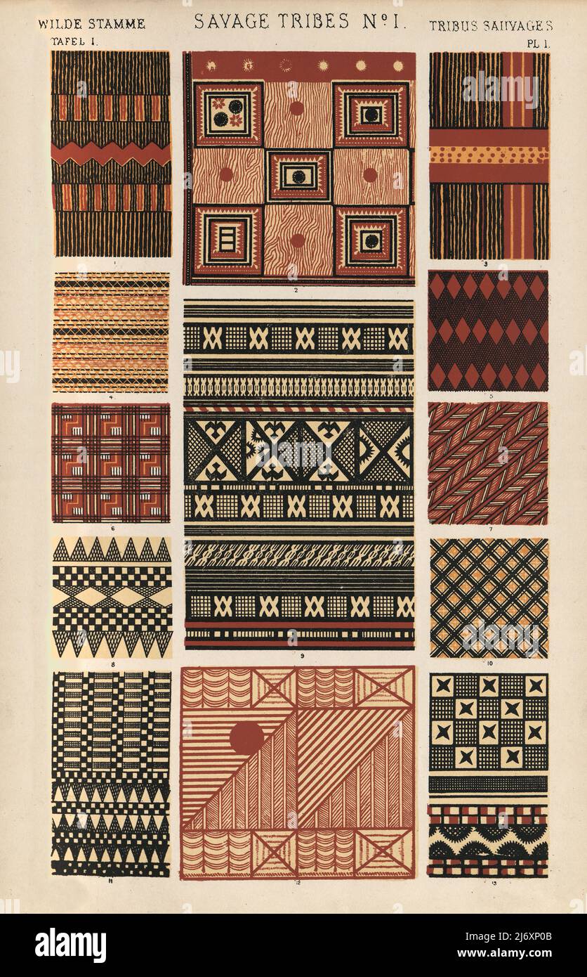 Polynesian decorative art patterns, Grammar of Ornament by Owen Jones, 1860s, Victorian Decorative art, 19th Century Stock Photo