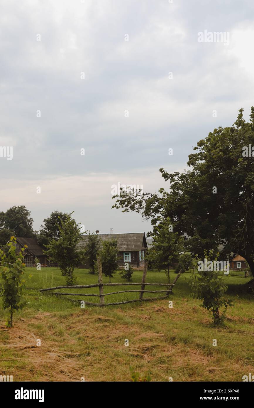 summer picturesque rustic landscape with wooden house. country scene on ...