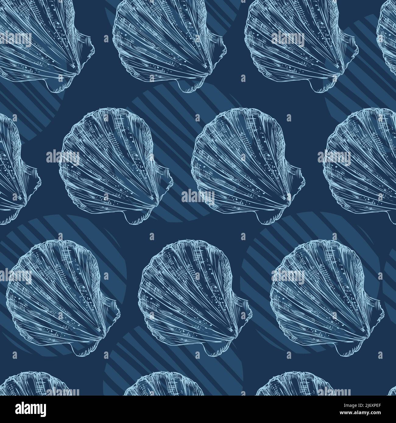 Blue Beach Shell Design Pattern Seamless pattern of blue seashells on navy background. Marine backdrop ...