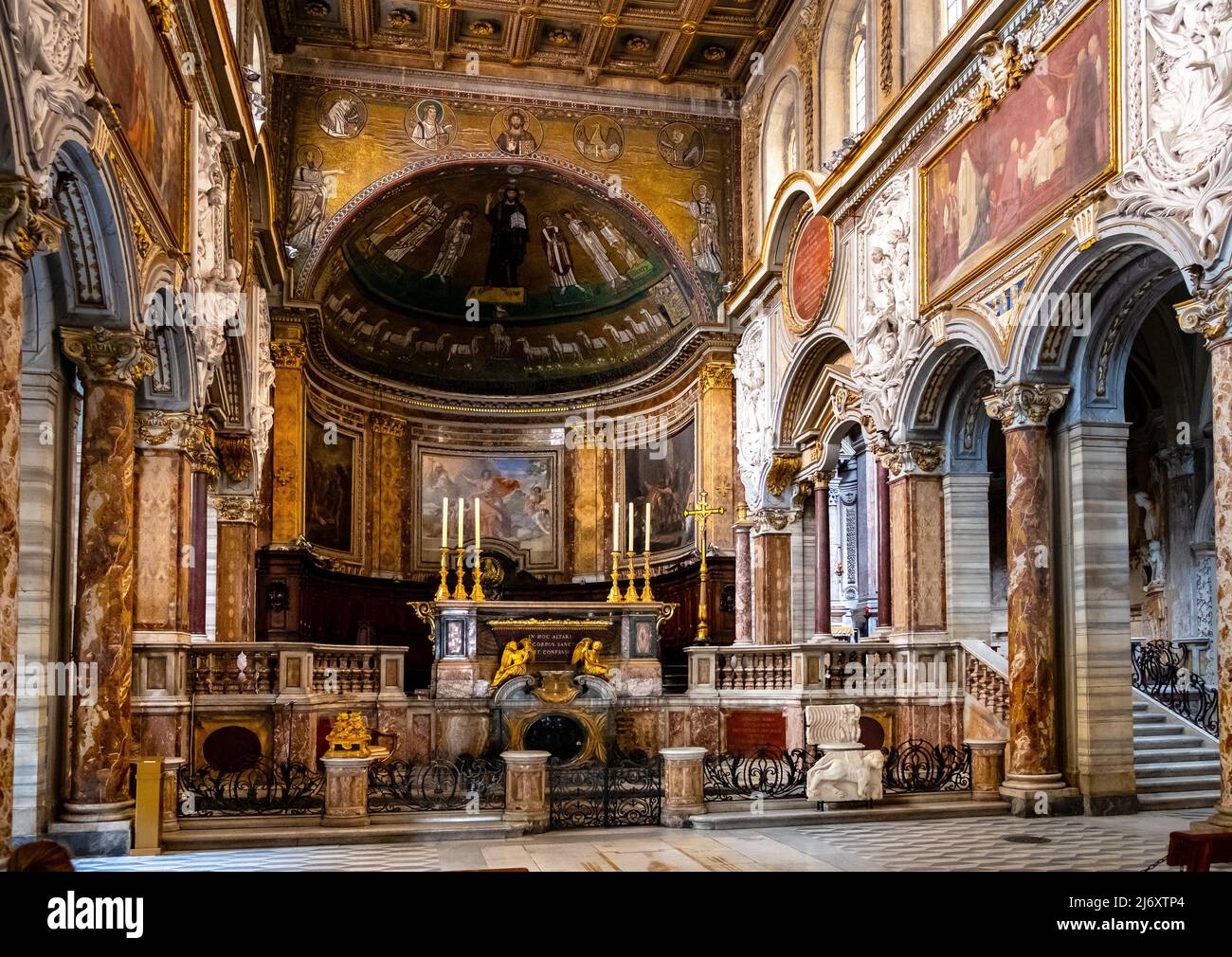 Rome, Italy - May 27, 2018: Main nave and apse of St. Marc Evangelist Basilica, San Marco Evangelista al Campidoglio at Venice Square Piazza Venezia i Stock Photo