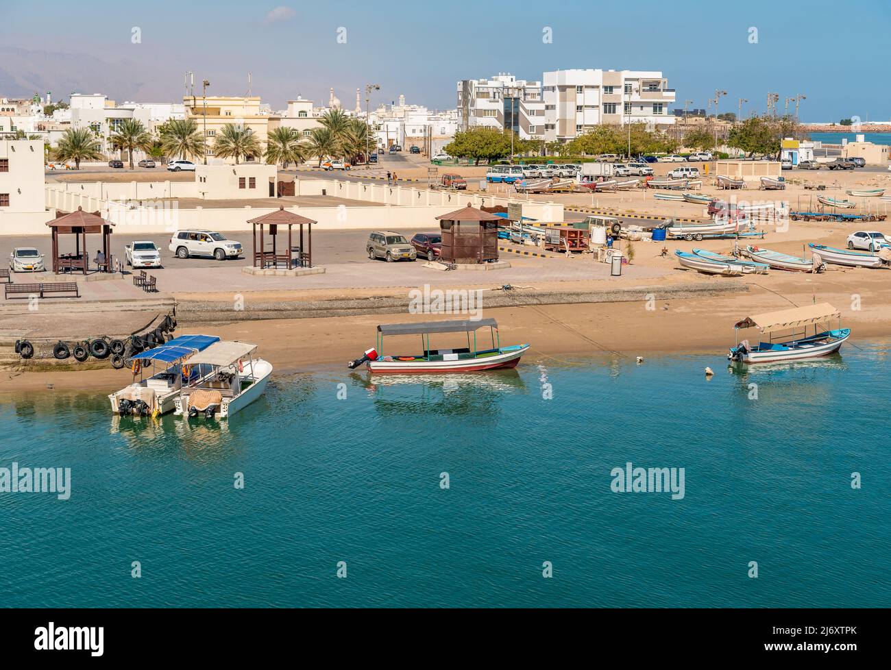 Bay of the Sur city with traditional boats, Sultanate of Oman in the Middle East. Stock Photo